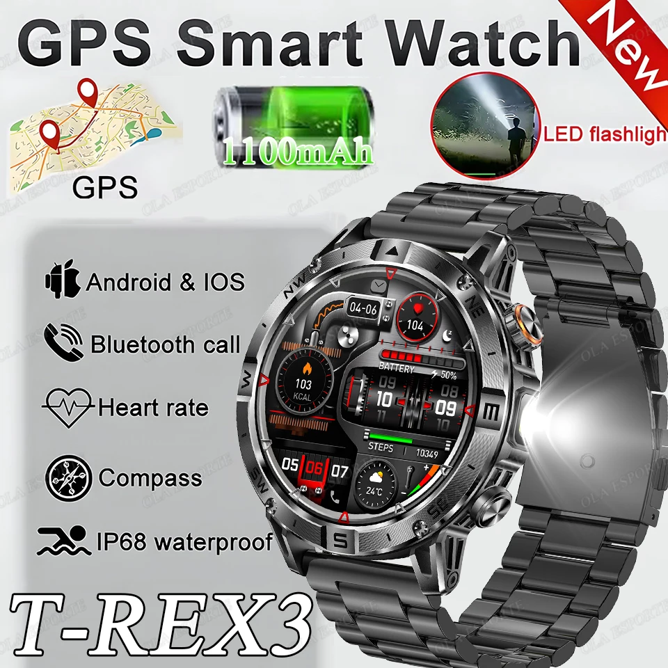 

2026 New 1100mAh AMOLED Smart Watch Men GPS Track Sport Mode LED Flashlight IP68 Waterproof Health Monitoring BT Call Smartwatch