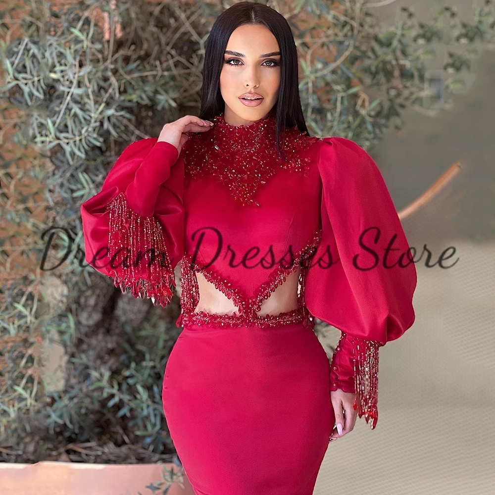 Charming Red Evening Dresses High Neck Lantern Sleeves Backless Exquisite Crystal Beading Mermaid Party Prom Gowns Customized image 6
