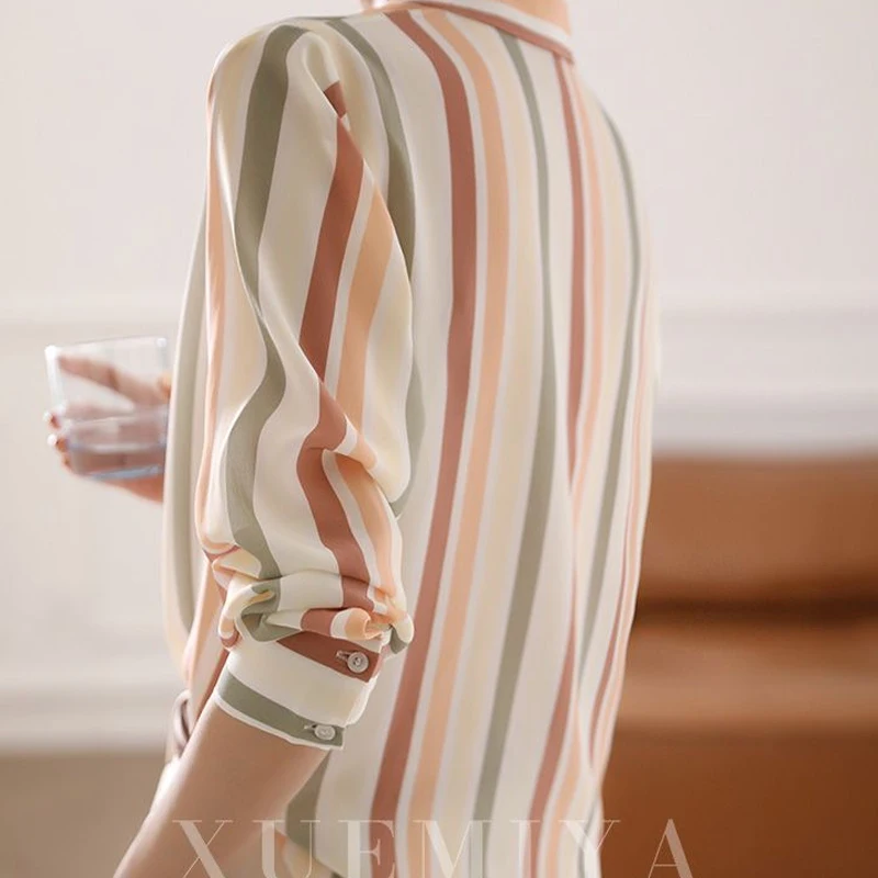 2023 Spring Autumn New Fashion Striped POLO Collar Long Sleeve Shirt Women Korean Style Elegant Contrast Color All-match Blouse