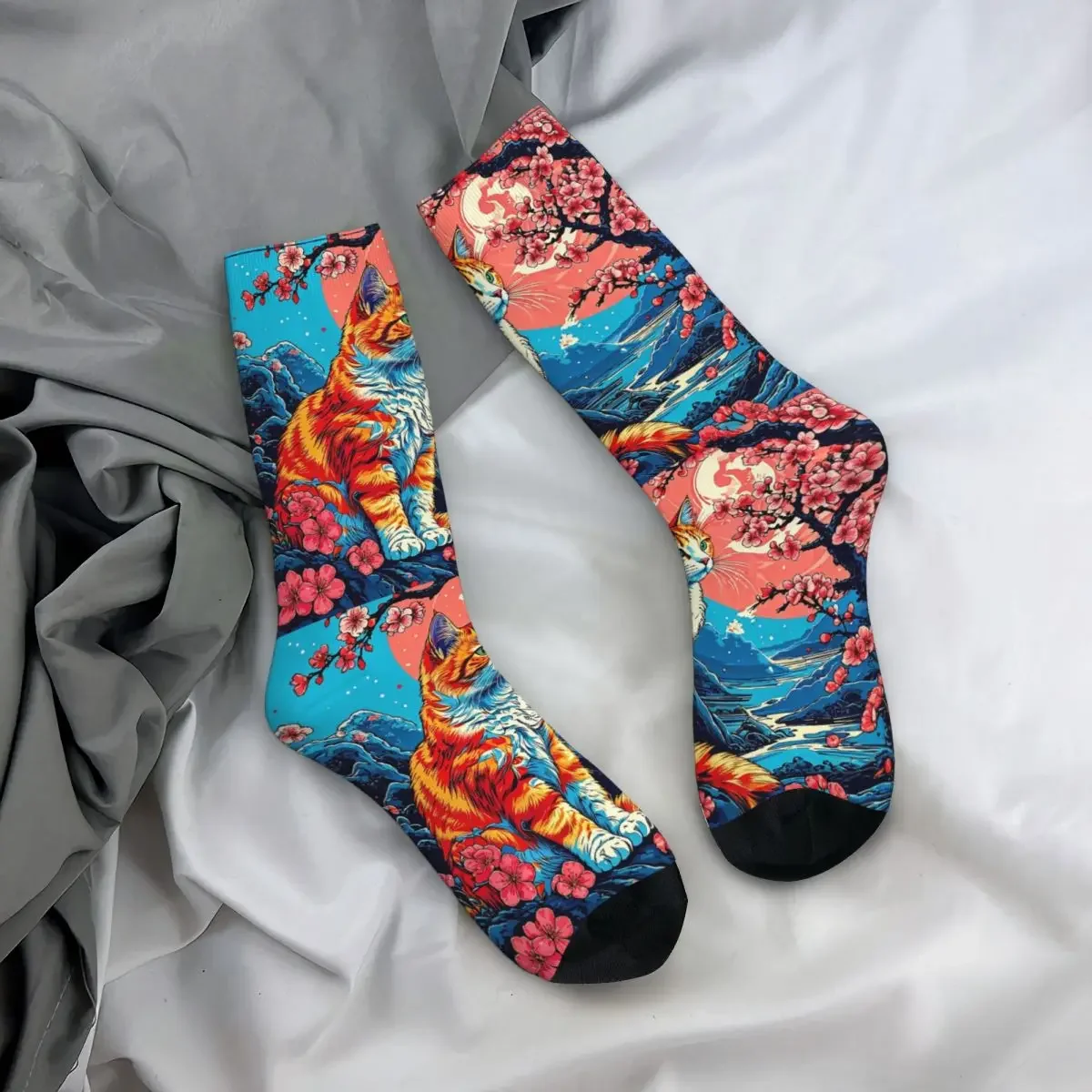 Ilustrasi Kucing Di Bawah Bunga Sakura Saat Matahari Terbenam Kaus Kaki Harajuku Stoking Berkualitas Tinggi Kaus Kaki Panjang Sepanjang Musim untuk Pria Wanita