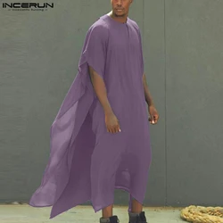 2023 Men Muslim Jubba Thobe O-neck Short Sleeve Solid Vintage Irregular Caftan Men Islamic Arabic Kaftan Men Robes S-5XL INCERUN