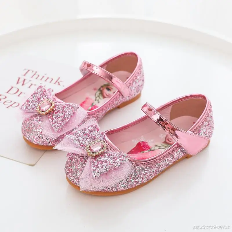 Cartoon Elsa Soft Bottom Baby Shoes Girl Princess Shoes Frozen Crystal Shoes Children Flat Flower Girl Leather Shoes