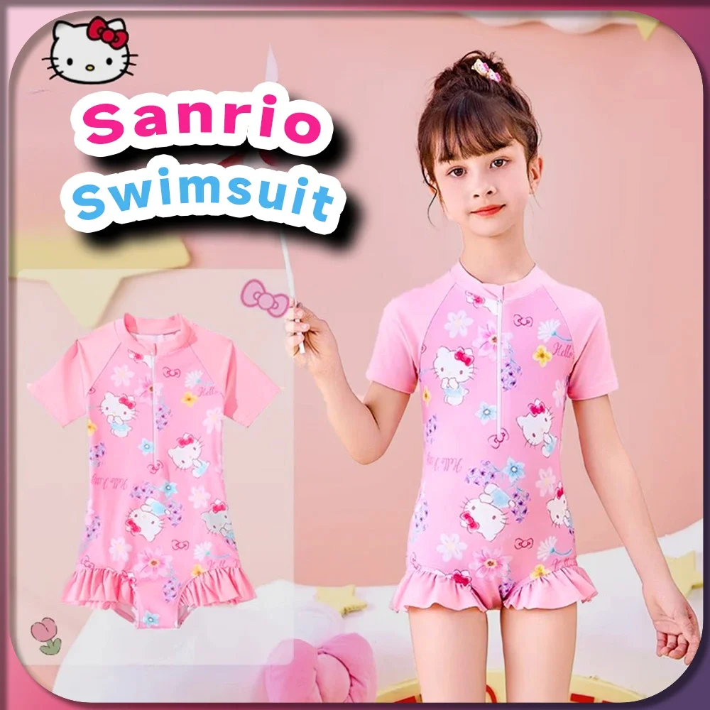 

Kawaii Hello Kitty Цельный купальник Sanrio аниме милый Новый 2024 летний купальник Модный летний купальный костюм для девочек