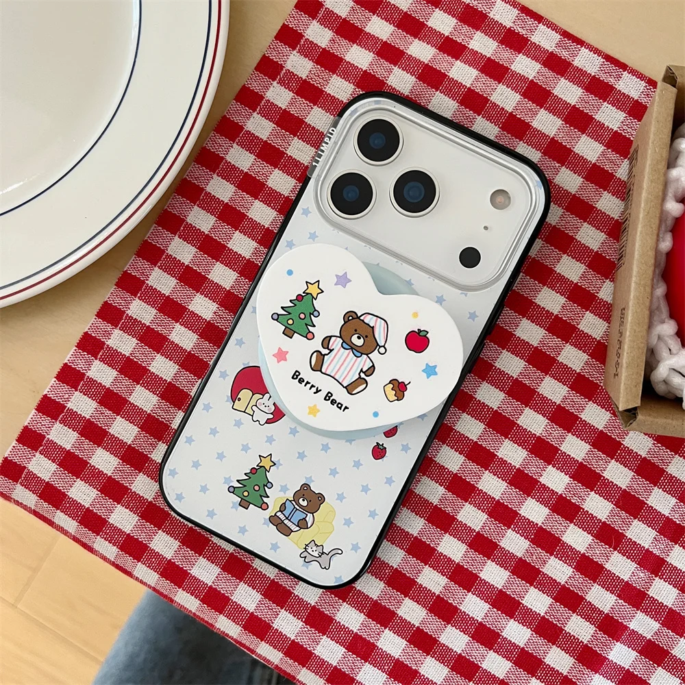 Korean Cute Cherry Bear Magnetic Phone Case for iPhone 17 Pro 14 15 16 Pro Max Cover For Magsafe Stand Cartoon Protective Cases