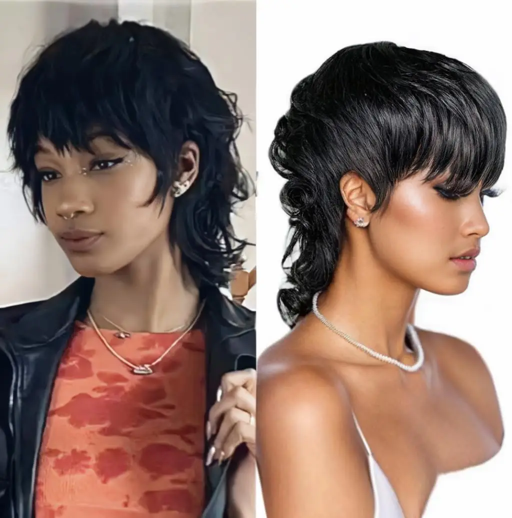 Wear And Go Pixie Cut  Wig Short Loose Wave Glueless No Lace Wigs For Women Full Machine Made Wig With Bangs Mullet Style 180% D