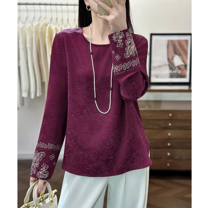 Spring New Chinese Style Round Neck Silk Jacquard Fabric+Sleeve Butterfly Embroidery Design Fashionable Women's Shirt S-XL