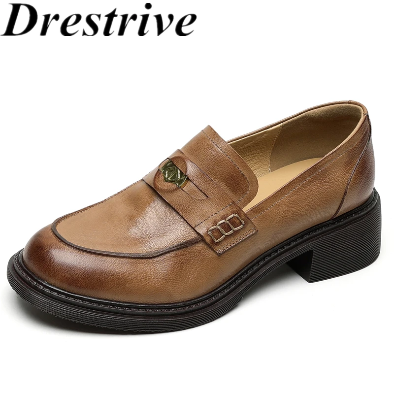 Drestrive 2025 Classics Women's Loafers Washed Cowhide Round Toe Thick Mid Heels Top Quality Pumps Casual Shoes