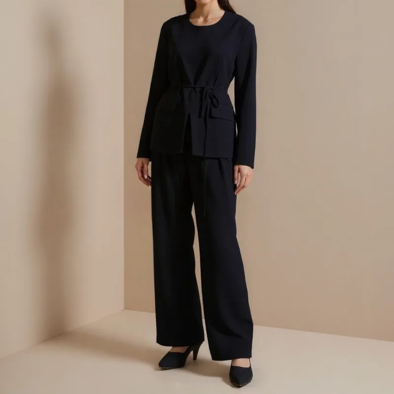 Kwtx 2025 primavera verão feminino cor sólida pantsuit conjunto blazer calças de perna larga zíper frente fenda em torno do pescoço gravata casual elegante