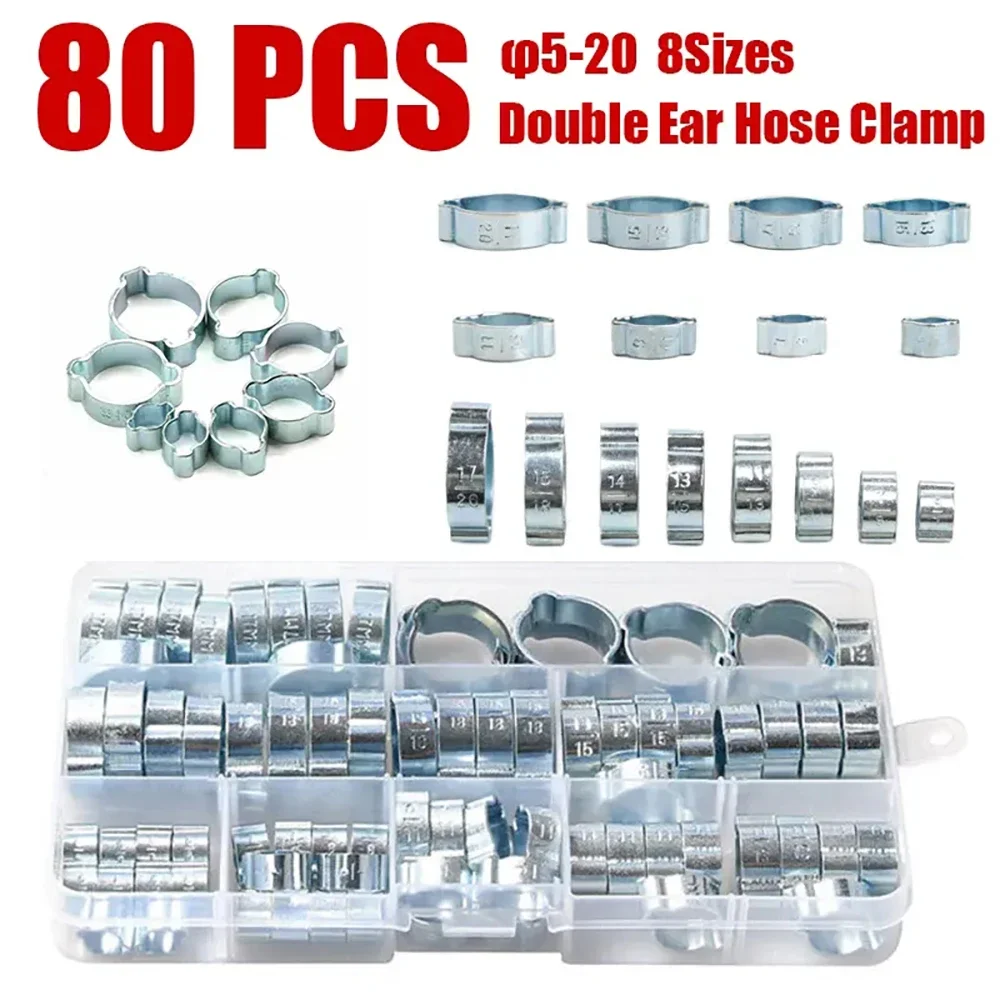 80PCS Double Ear Clamps O Clips-Crimp O-Clip Air Silicone Petrol Fuel Hose Pipe 5-20mmZinc-Plated Steel Two Ear Hose Clamps