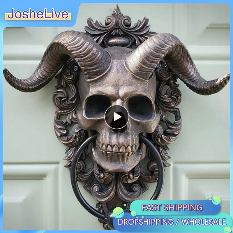 Skeleton Head Door Knocker Decor Resin Goat-headed Figure Hanger Resin Punk Satan Skull Sheep Head Statue Wall Pendant Crafts