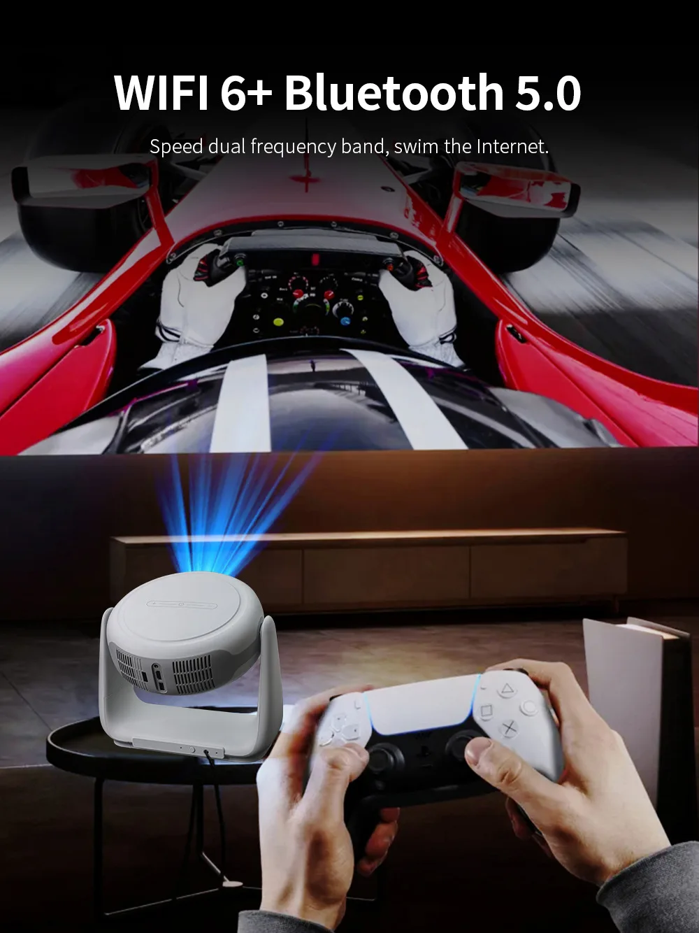 Portable Smart Full HD 1080P Projector, Android 11 Dual WiFi 6, HDR10 Auto Focus 3D Triple LED With Built-in Battery