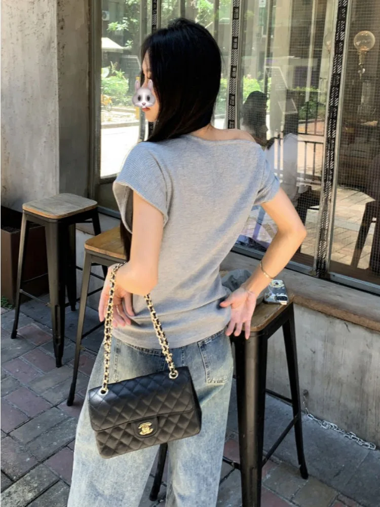 Skew Collar Off-shoulder T-shirts Women Slim Sexy Summer Street Style Harajuku Simple Lady Fashion Korean All-match Hotsweet Y2k