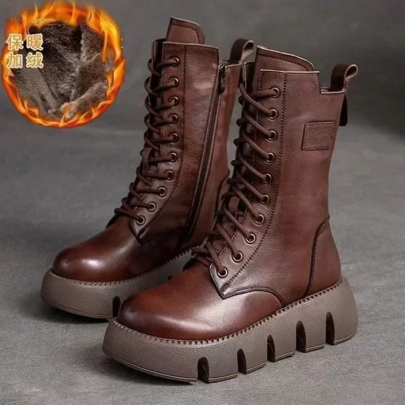 Fashion Women's Leather Boots High Top Casual Cotton Boot Plush Warm Winter Boots for Women Non Slip Platform Boots Botas Mujer - Image 4