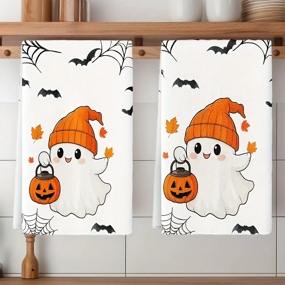 2-Piece set of cute pumpkin kitchen towels with bat and spider web patterns for Halloween and fall decorations