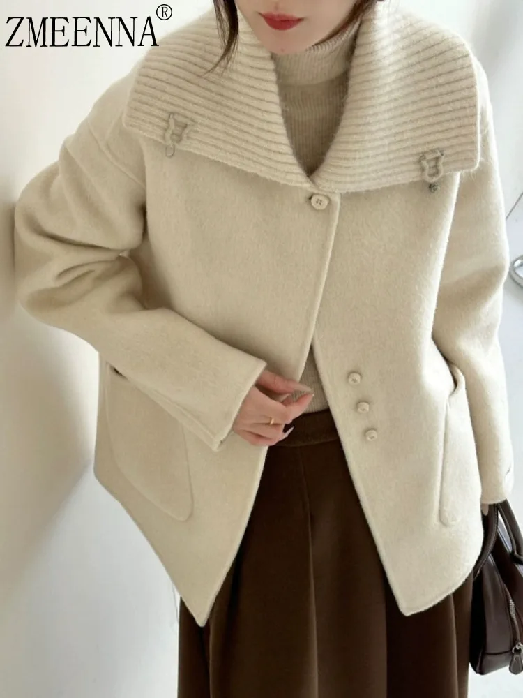 

ZMEENNA Womens Elegant Wool Blend Short Coat Ribbed Collar Snap Closure Warm Winter Outerwear Stylish Loose Fit Casual ZM3476