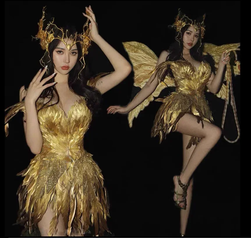 Piuma dorata Nightclub Bar Riunione annuale Costume da ballo classico Ali d'angelo Performance Passerella Festa personalizzabile multicolore