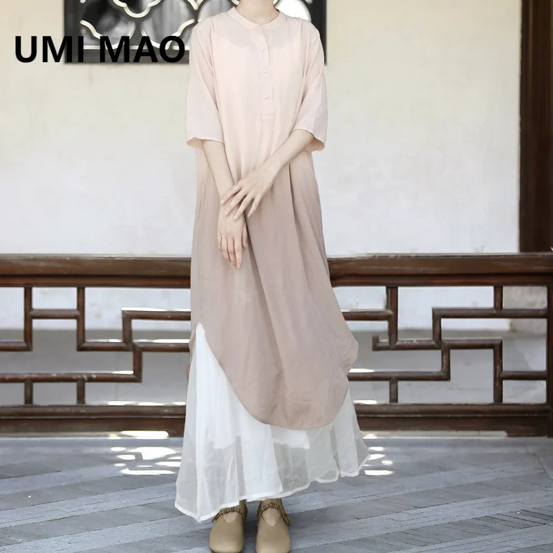 UMI MAO Hanging Dye Art Dress Elegant Gradual Summer Loose Style Mid Length Dresses Simple A-line Robe Femme