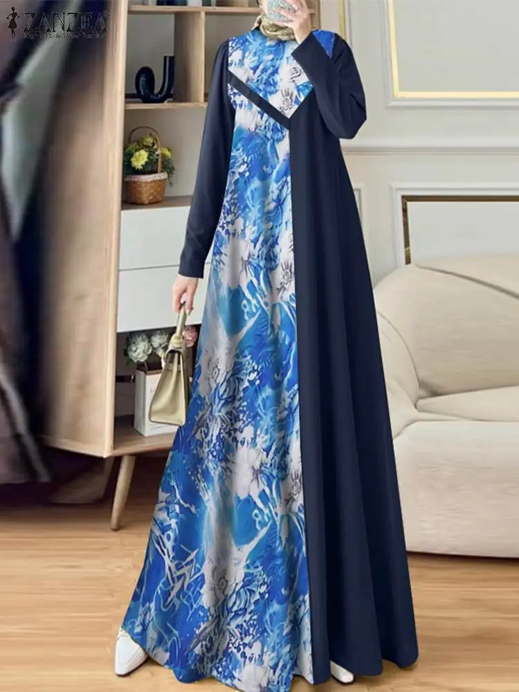 ZANZEA Women Muslim Fashion Floral Printed Patchwork Long Dresses Elegant Islamic Hijab O Neck Abaya Robes Long Sleeve Vestidos