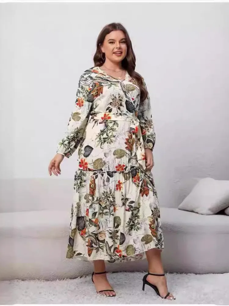 

2025 Casual Long Sleeve Dress For Women Printed V-neck Long Dresses Ladies Elegant Ruffle Holiday Dresses Vestidos Para Mujer