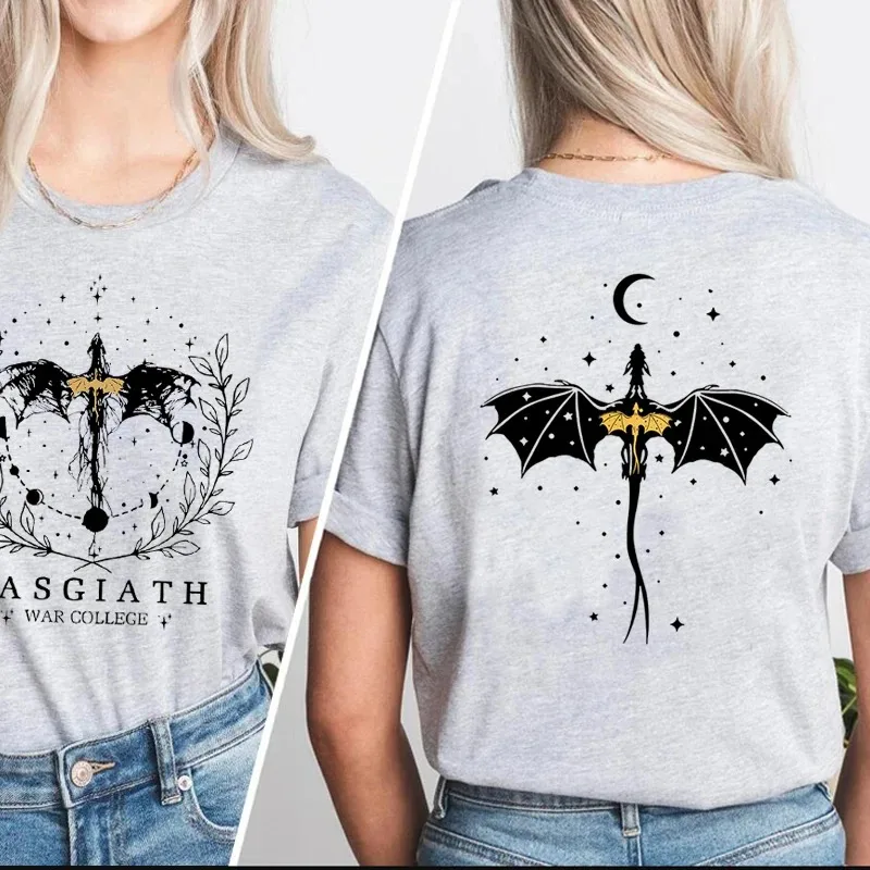 Basgiath War College T-shirt Double-side Print Fourth Wing Tshirt Dragon Rider Dark Academia T Shirt Cotton Short Sleeve Tops