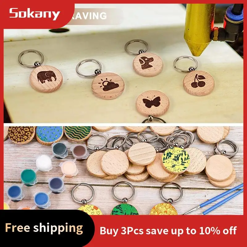 

A59E-70PCS Wood Keychain Blanks, Unfinished Round Wood Key Tag, Wood Engraving Blanks Key Chain For DIY Crafts-Round