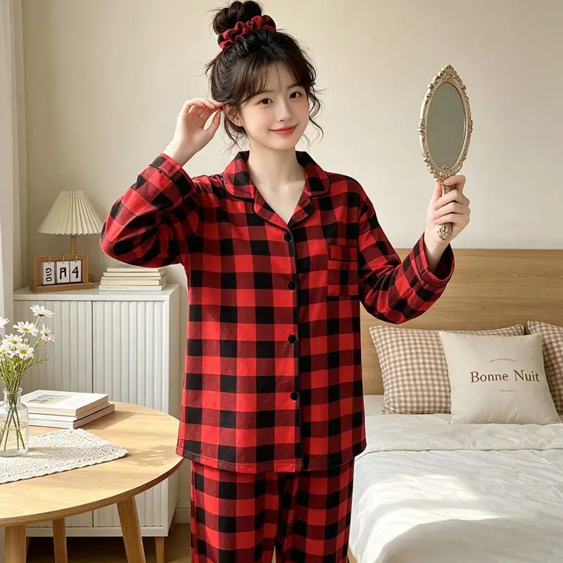 Women's Retro Red Pajamas Set Long Sleeve Pants Sleepwear Autumn Pijama Casual Nightgowns Ladies Pyjamas Home Clothes 2 Piece