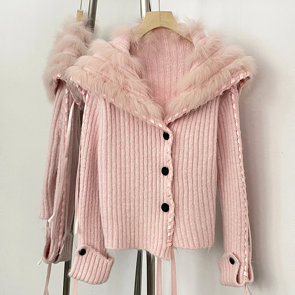 

Short Cardigan Women Real Fox Fur Jacket Reality Fur Knitwear 2025 Knitted Sweater Female Spring Autumn Real Fur Knitted Lady