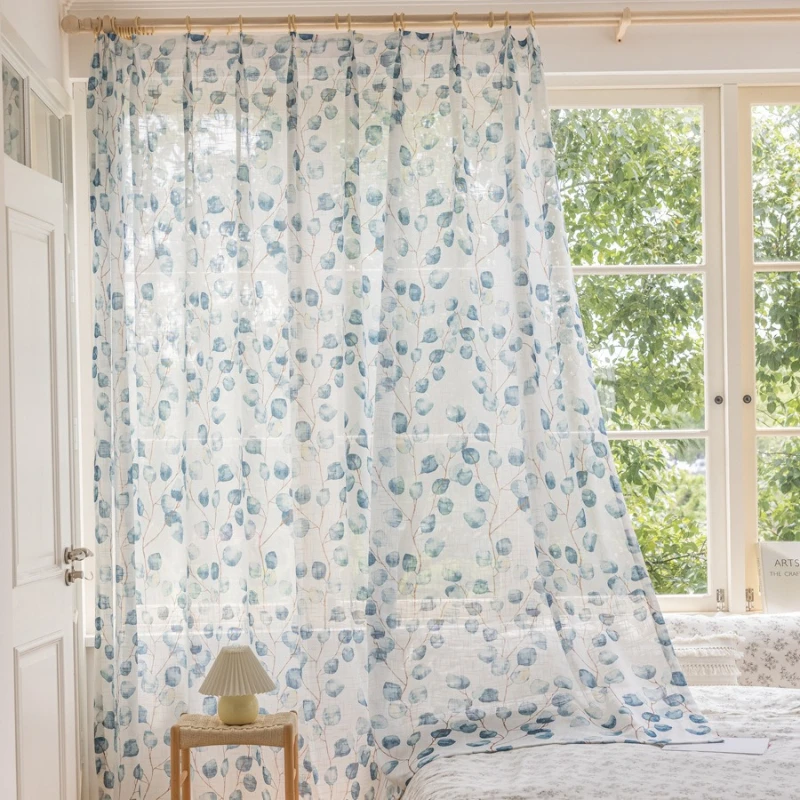 Luxury American Pastoral Transparent Thickened Linen Printed sheer Curtains Living Room Bedroom Balcony Gauze Curtain Elegant