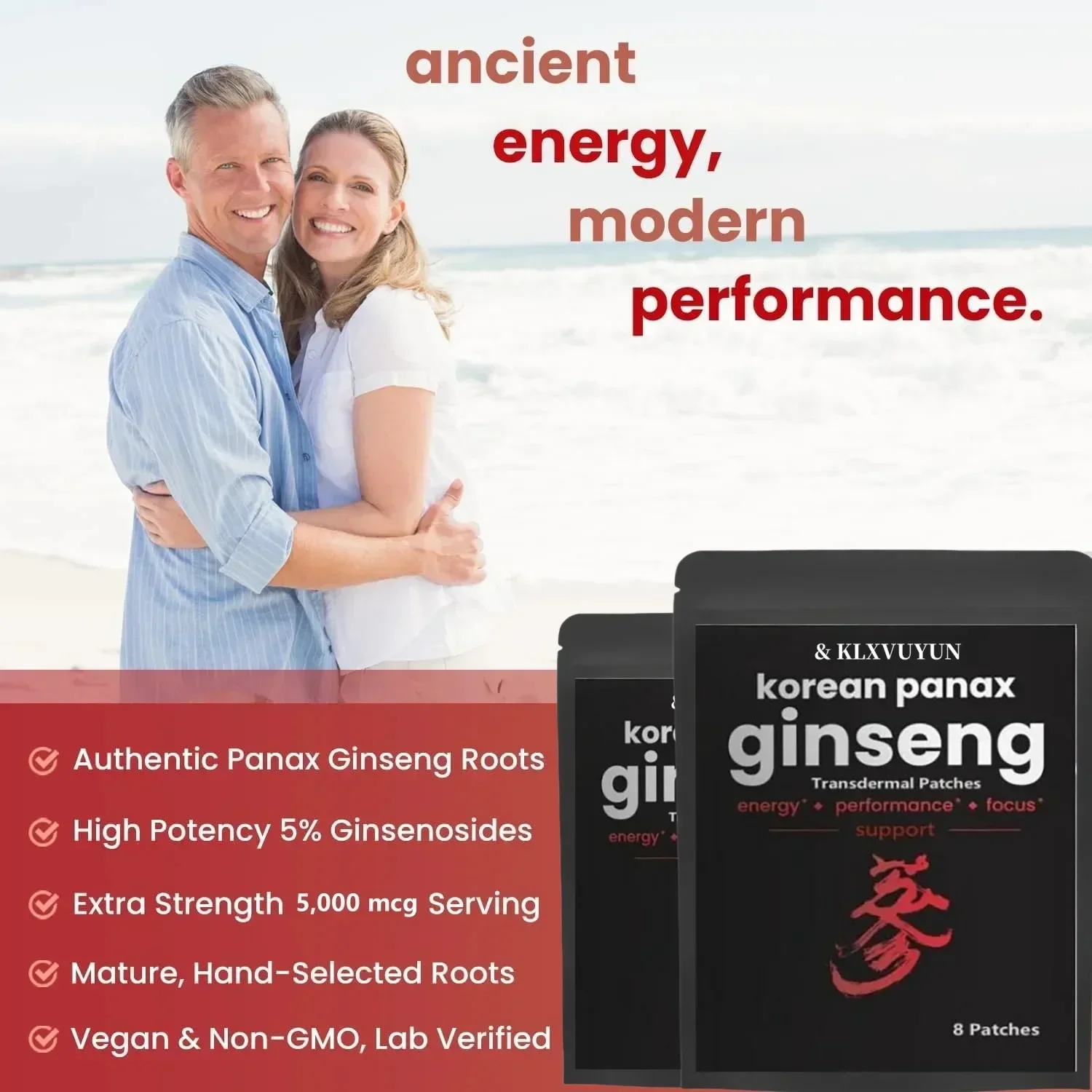 Korean Red Panax Ginseng 5000mcg Transdermal Patches Set of 8 Extra Strength Root Extract Powder Supplement High Ginsenosides