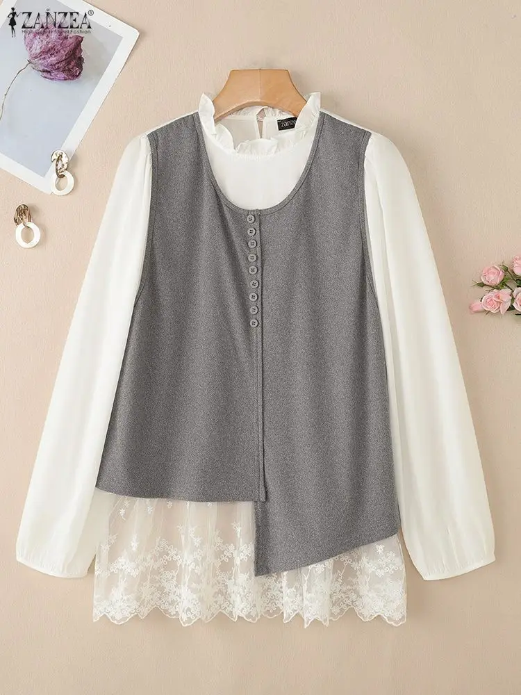 

2025 ZANZEA Elegant Lace Shirts Women Fashion Long Sleeve Patchwork Blouses Stand Collar Casual Loose Tunic Tops Buttons Blusas