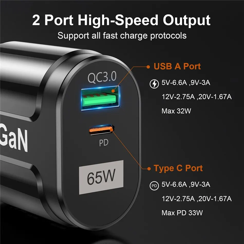 USLION 65W GaN USB C 충전기, 한국 EU 미국 플러그, PD USB-C 타입 C 고속 USB 충전기, 아이폰 14 샤오미 삼성 맥북용