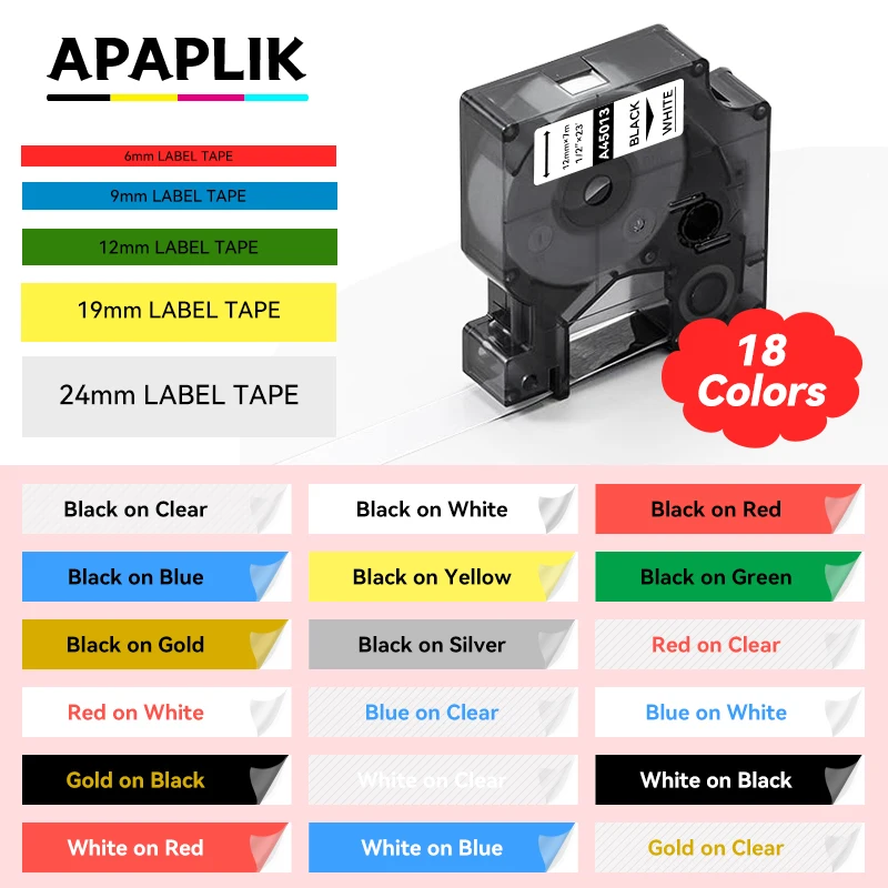 APAPLIK 6-24mm Label Tape Compatible For Dymo D1 45010 45013 Ribbon For Dymo Label Manager 100 150 200 250 Writer Printer