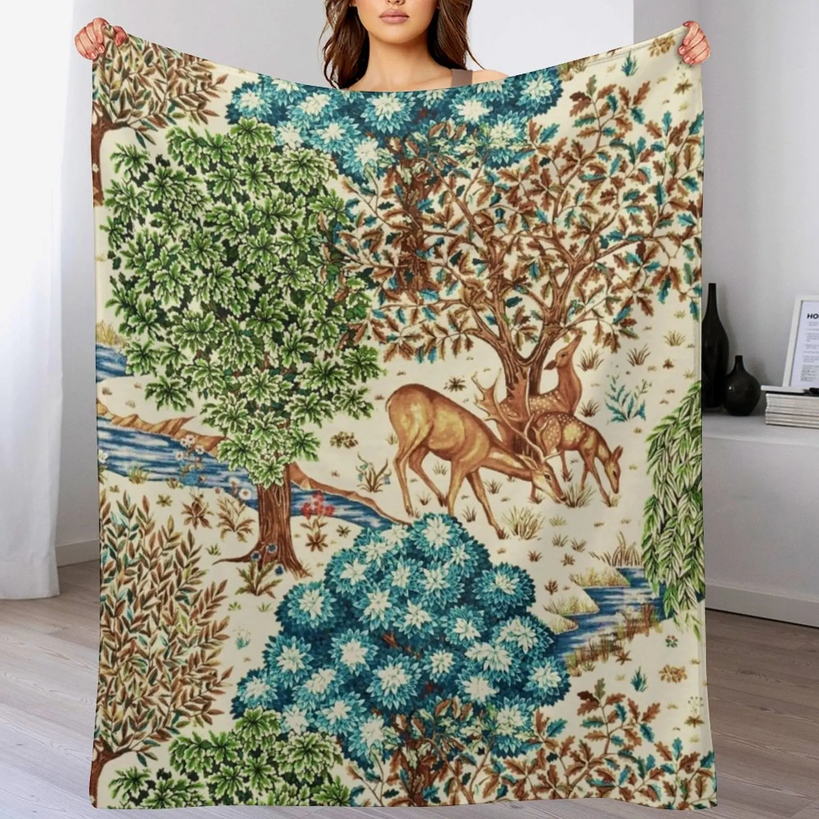 William Morris Deer by a Brook Tapestry Beige Throw Blanket blankets ands blankets and throws For Sofa Thin Blankets