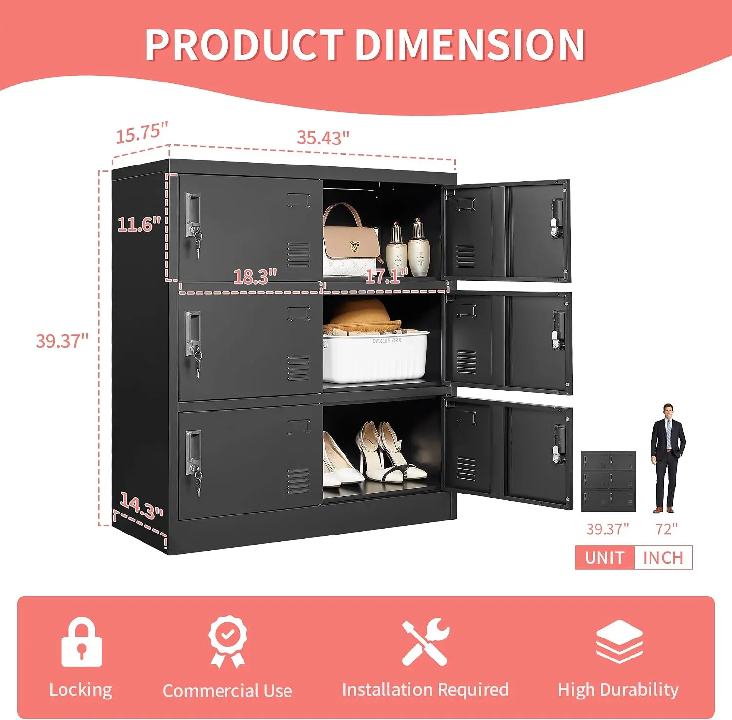 Metal Lockers For Employees Office Storage Locker With Doors Steel Staff Locker Storage Cabinet For Gym Home School Garage Organization Black view 3