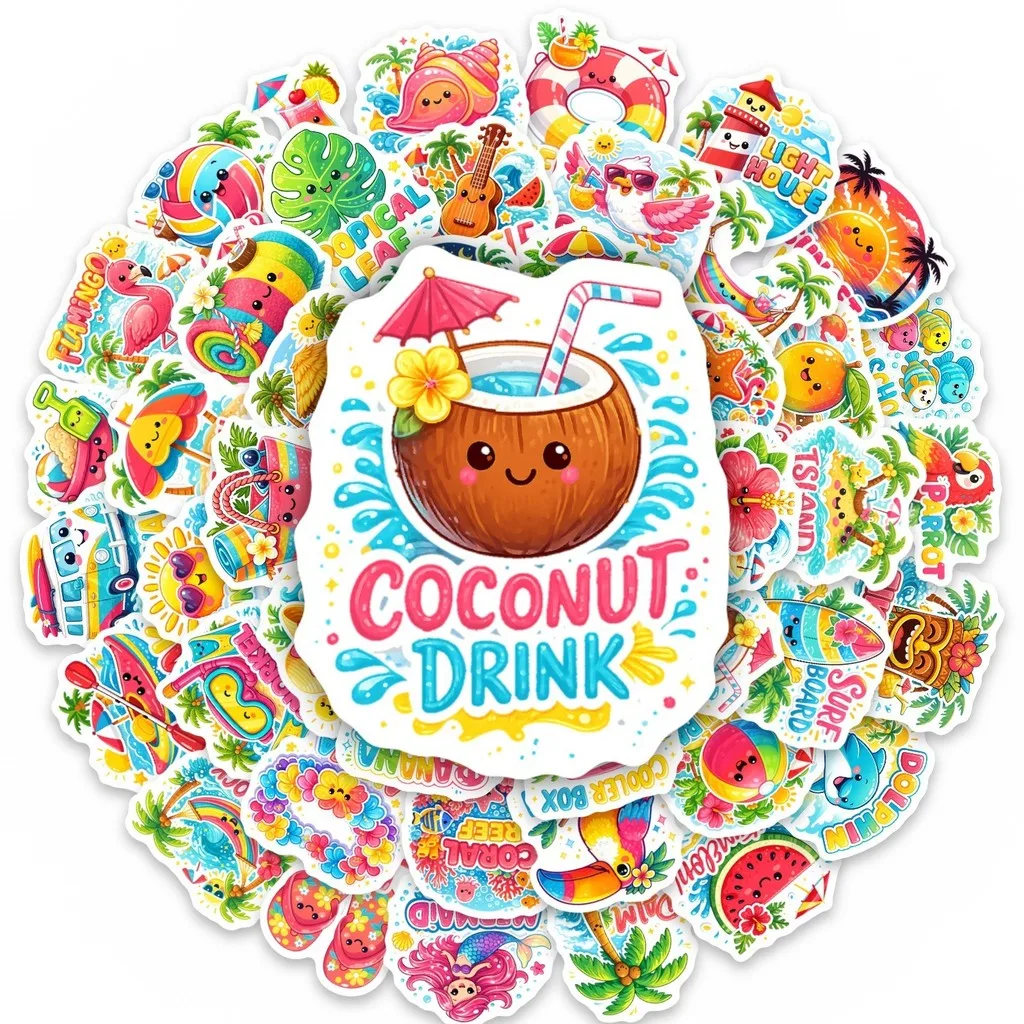 50Pcs Hawaiian Beach Themed Stickers, Coconut Tree & Ocean Wave Decals for Water Bottle, Skateboard DIY RecordingYourLife Store