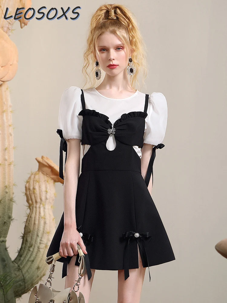 High Quality Designer Model Sweet Cool Dress Women Simple Puff Sleeve T-shirt Top Design Bow Black Suspender Dress 2-Piece Set