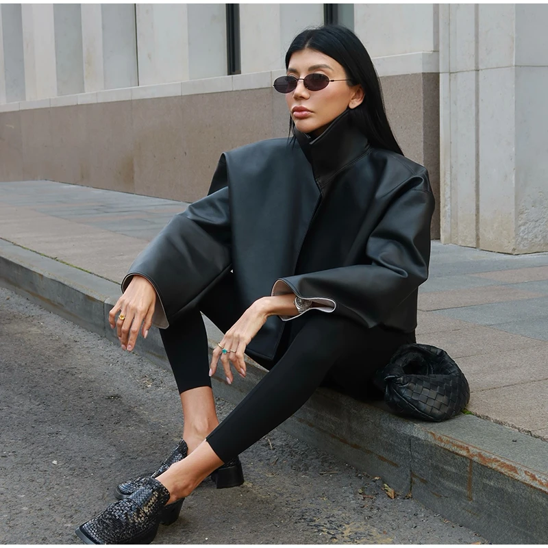 Women Waist Cinching Leather Jacket Solid Stand Neck Zipper Pocket Loose Jackets Lady New Vintage Fashion Street Outwear 2026
