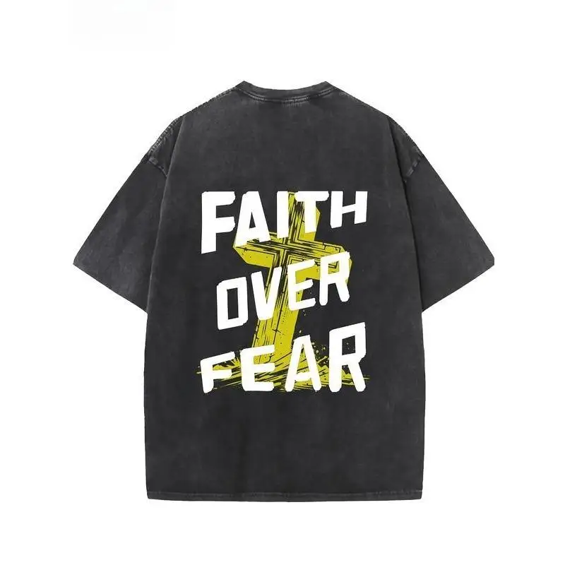 

Faith Over Fear T-Shirt, Christian Cross Print Oversized Washed Loose Tee, Women's Bible Verse Streetwear Top