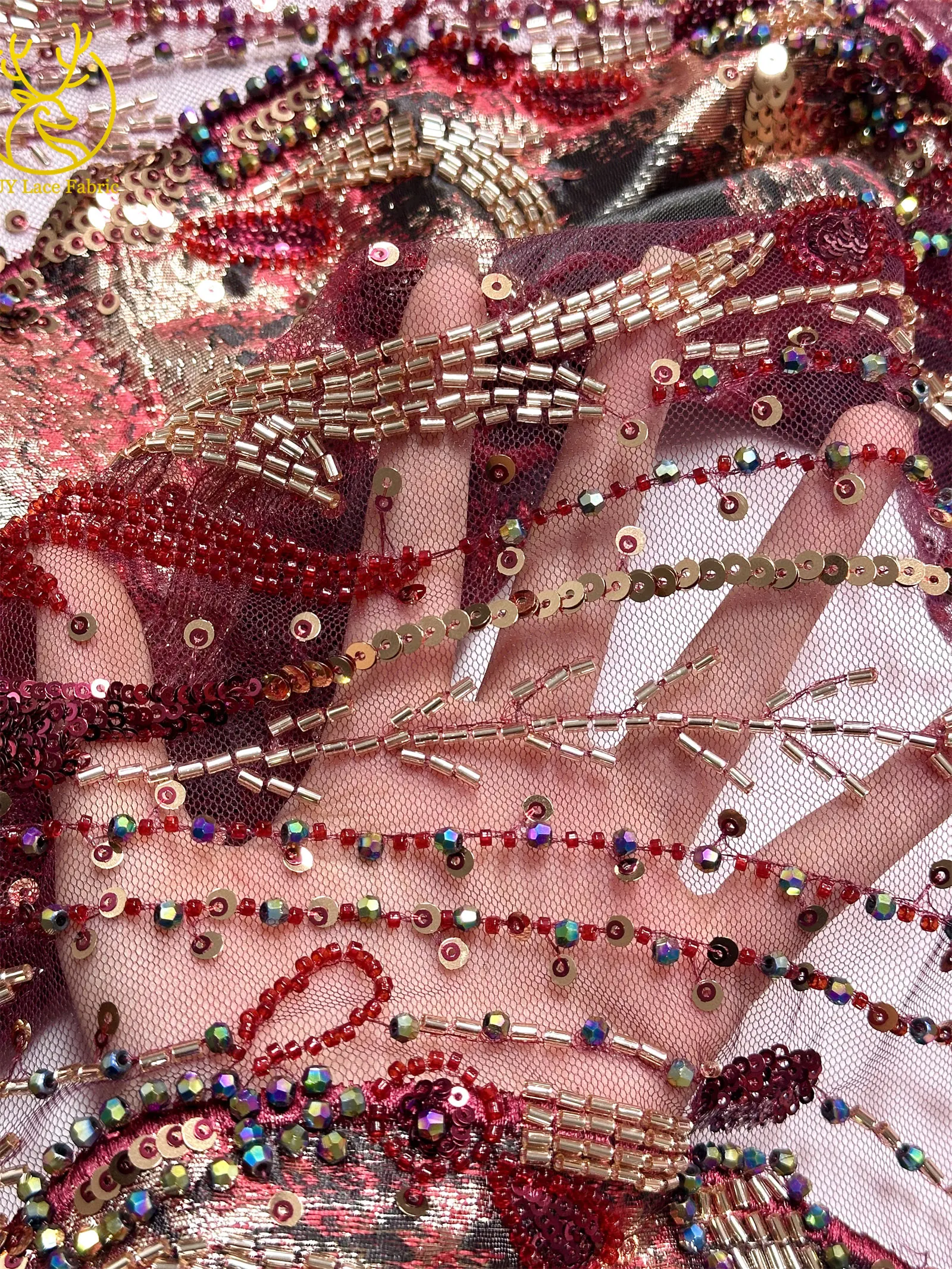 Burgunderroter neuer Design afrikanischer schwere Perlen-Chiffon-Spitzenstoff 2026 Hochwertiger nigerianischer Pailletten-Spitzenstoff für Partykleider – Detail 8