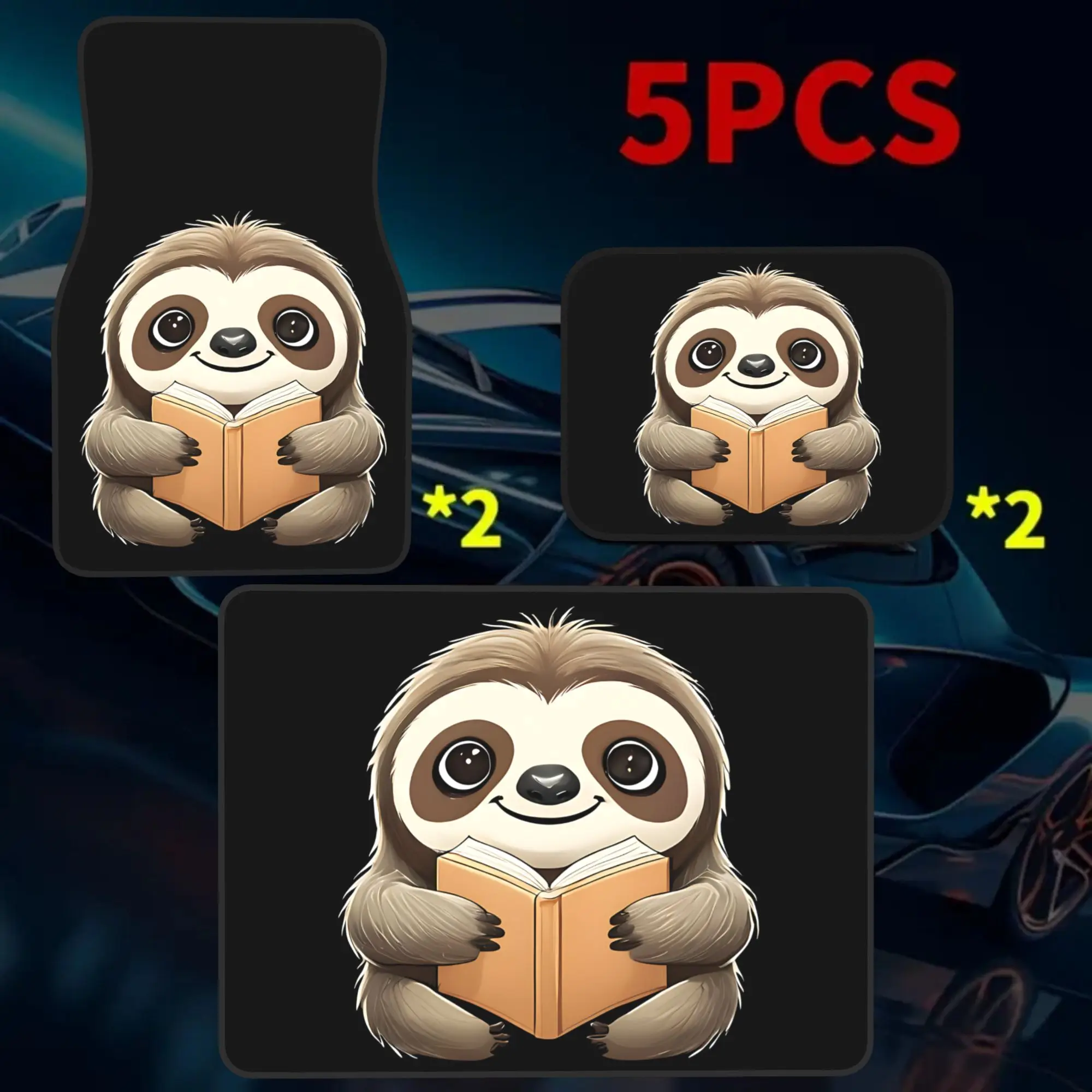 2D Flat Printing 5pcs Cute Sloth Reading Book Printed Car Mats Set (4 Floor Mats + 1 Trunk Mat), Made Of Durable Elegant Interio