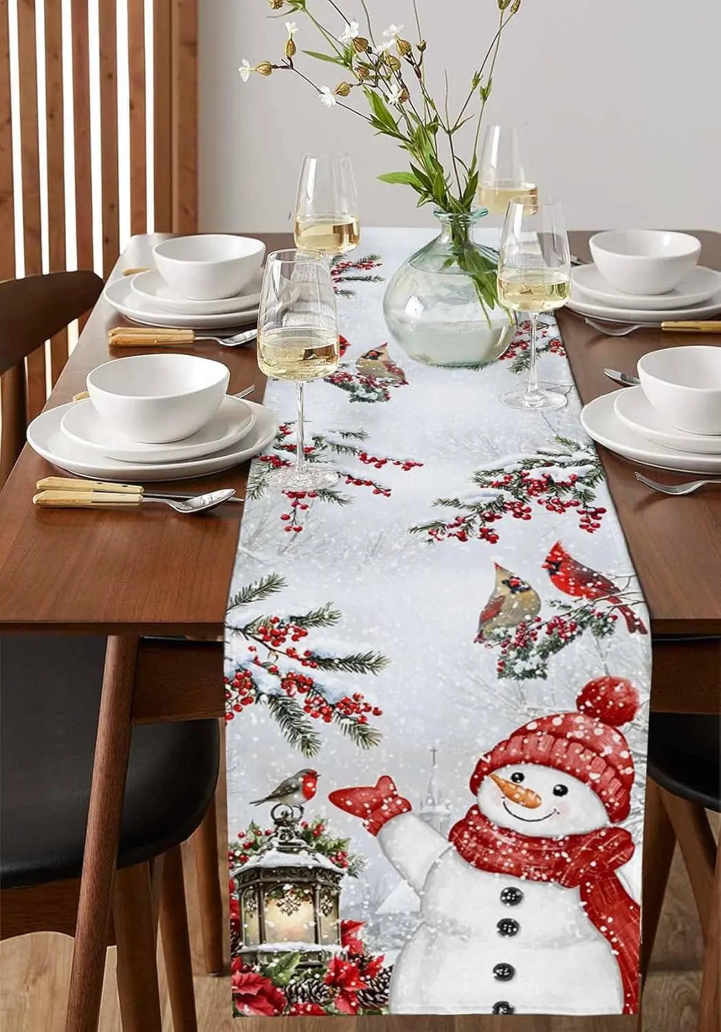 Christmas Snowman Berry Linen Table Runner Party Decor Reusable Winter Xmas Kitchen Dining Table Runners Christmas Decorations