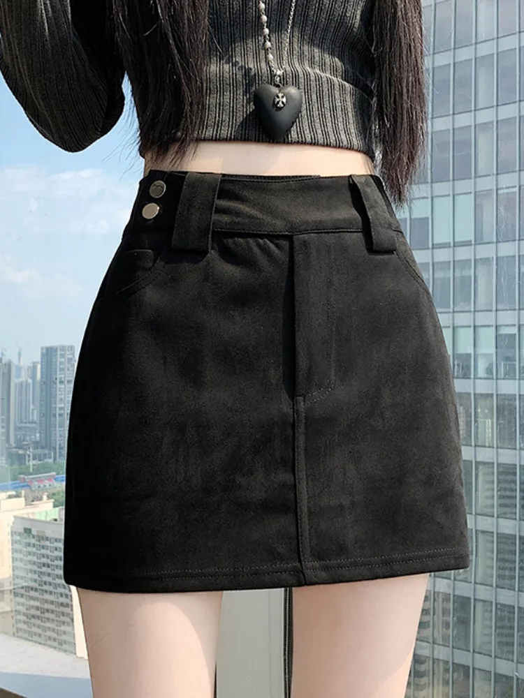 Jupe f en daim kaki pour femmes, taille haute, amincissante, ligne a, jupe enveloppante, confortable, douce, Vintage, décontractée, taille haute A...