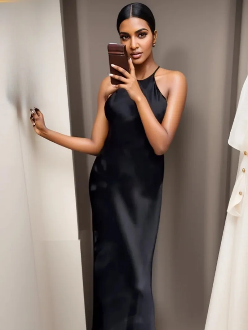 Verão novas mulheres sem mangas vestido de festa moda temperamento sexy seda cetim textura cor sólida midi vestido longo feminino elegante