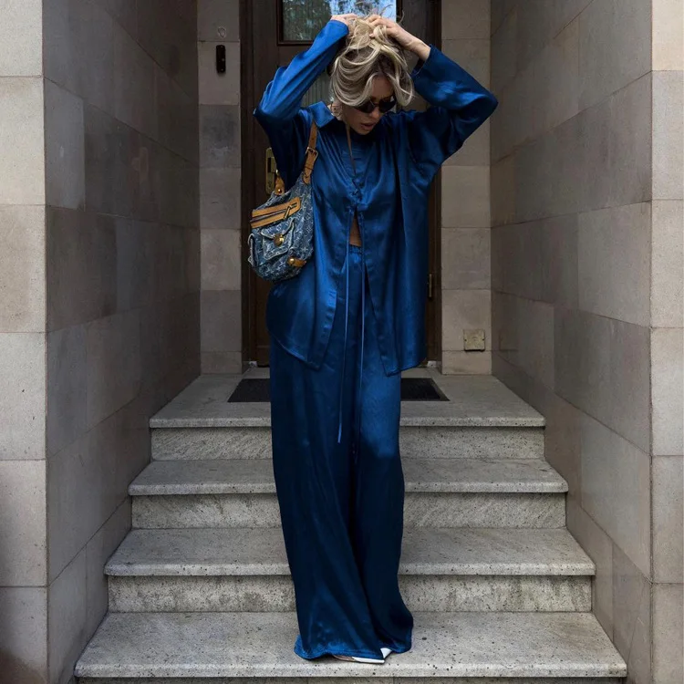 

women's satin pajama set loose long sleeve spring autumn ladies sleepwear 2 pcs with pant single breasted homewear for female