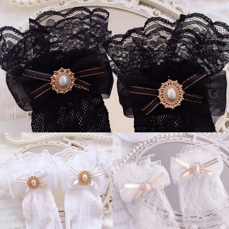 Lace Gloves for Women Mesh Ruffle Lace Ornament Bow Pearl Cute Elegant Gloves for Wedding Dinner Cosplay Party Props