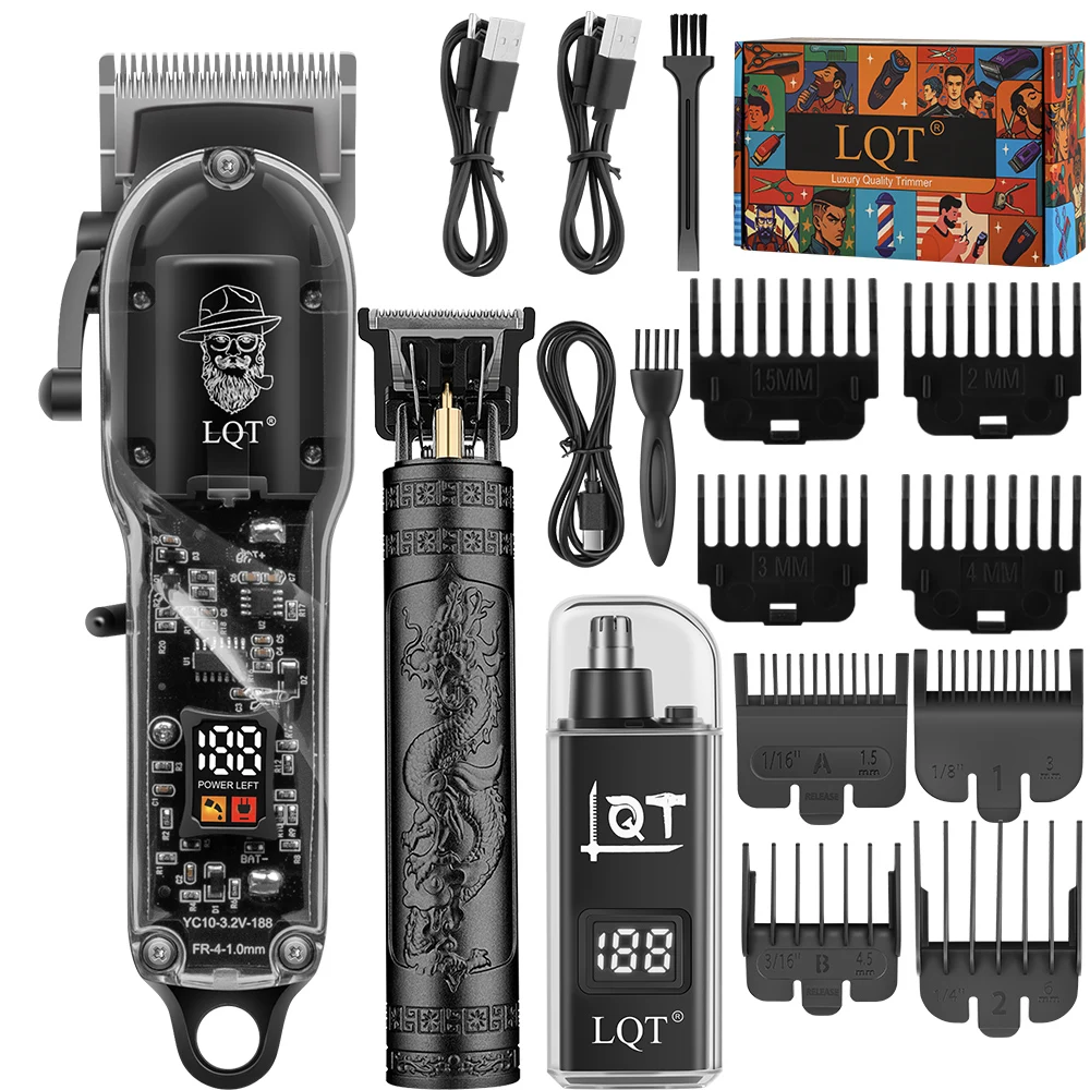 LQT Hair Clipper Trimmer Kit Transparent LED Display Rechargeable Barber Machine For Men Family Home Salon Birthday Gift
