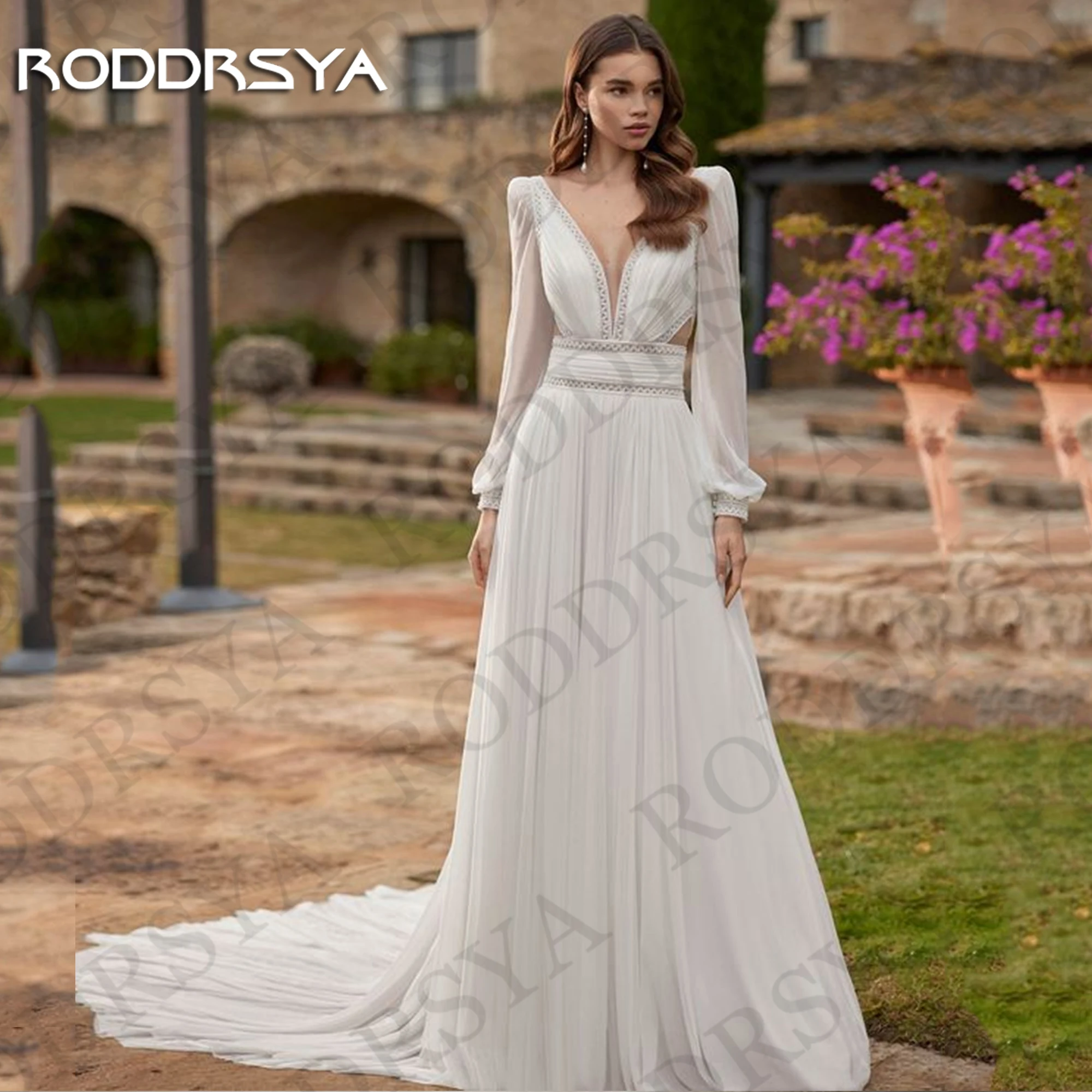 RODDRSYA Vestido de Noiva Manga Longa Boho Chic Elegante Chiffon A Line Backless Vestidos De Noiva Personalizado V Neck Vestido de noiva de manga comprida Boho Chic Elegante Chiffon A Linha Backless Vestidos de Noiva P