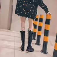 Shoes for Women Black Middle Heel Footwear Winter Knee High Shaft Long Ladies Boots with Laces Lace-up on Promotion New Rock Pu - Image 5