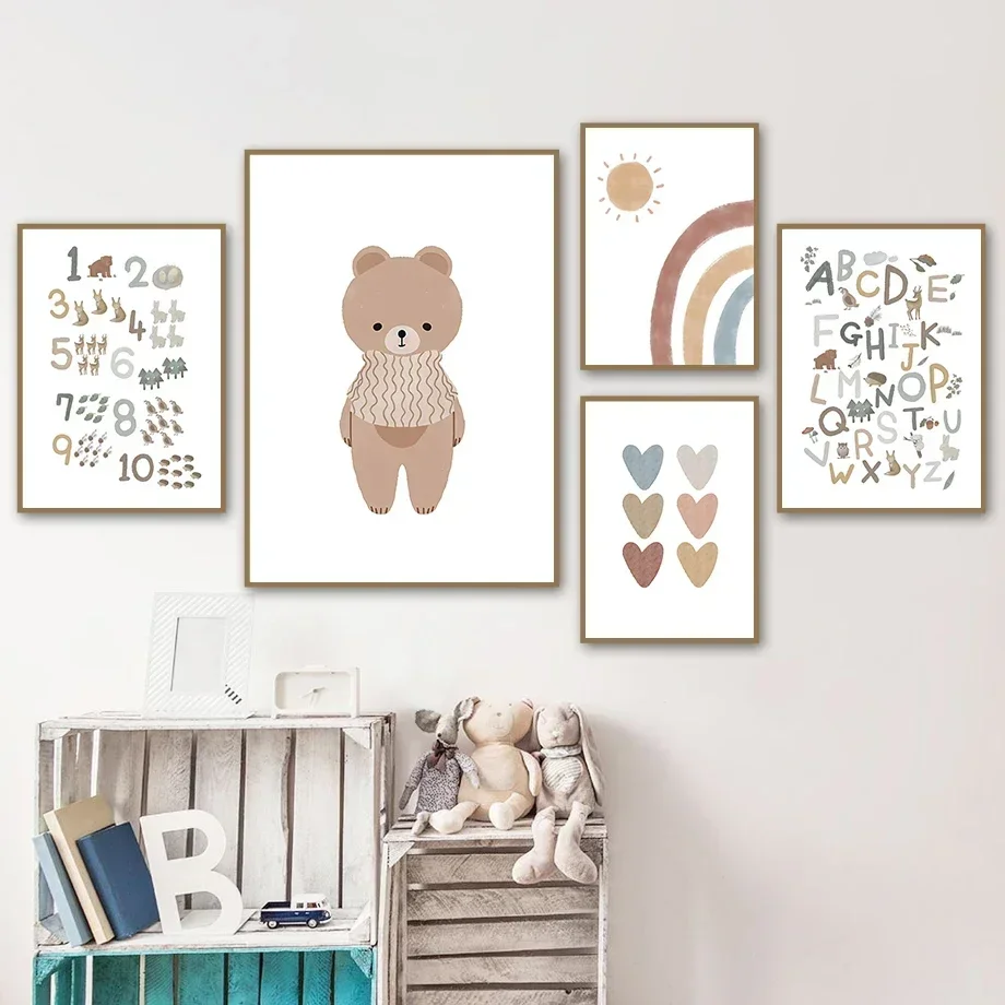 Wall Art Canvas Painting Cute Bear Sun Rainbow Cloud Posters and Prints Cartoon Wall Pictures Kids Room Decor