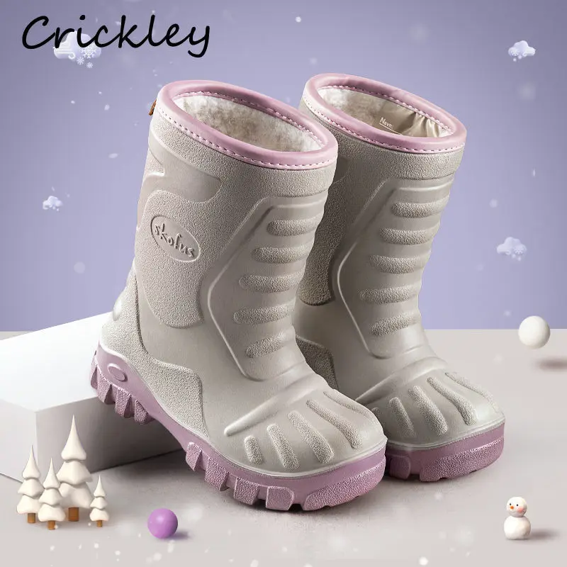 Winter Solid Children Rain Boots Waterproof Anti Slip Boys Girls Mid Calf Rainboots Plush Thick Warm Slip On Kids Snow Boots